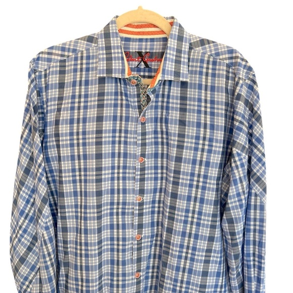 Robert Graham X Collection Plaid Check Button Front Shirt Blue Large Flip Cuff - Picture 2 of 6